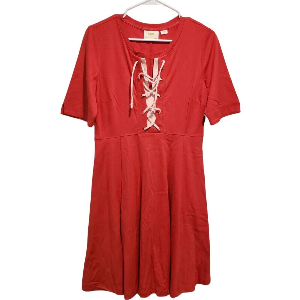 Anthropologie Red Midi Dress with Lace-Up Detail
